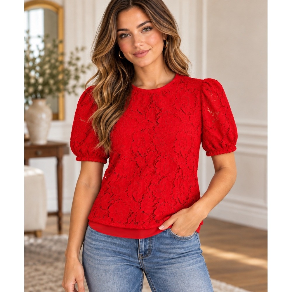 Lauren Ralph Lauren Womens Small Red Floral Lace Puff Sleeve Blouse Top Back Zip